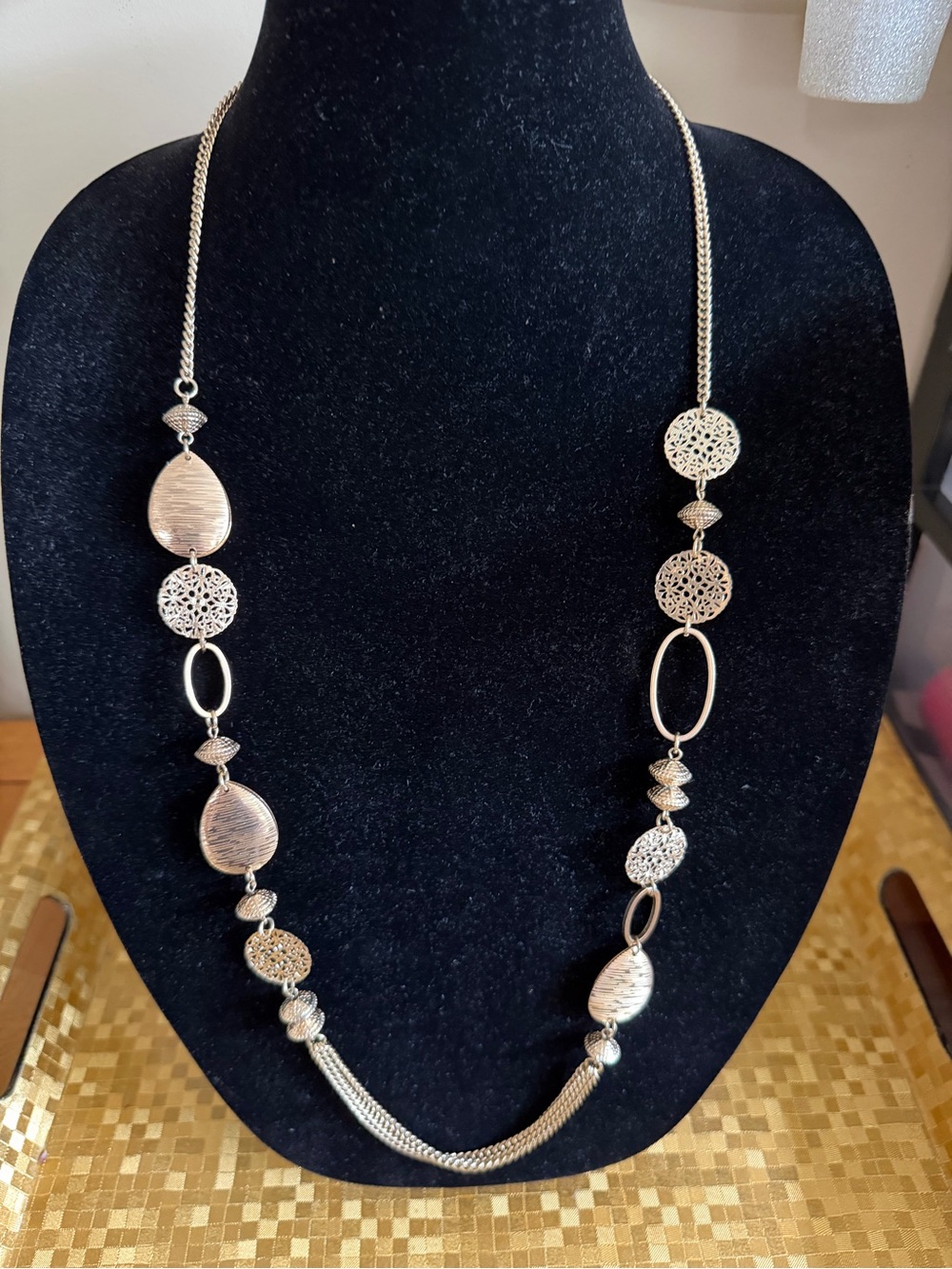 Silver Tone Long Mesh Chain Filigree Disc Statement Necklace Boho